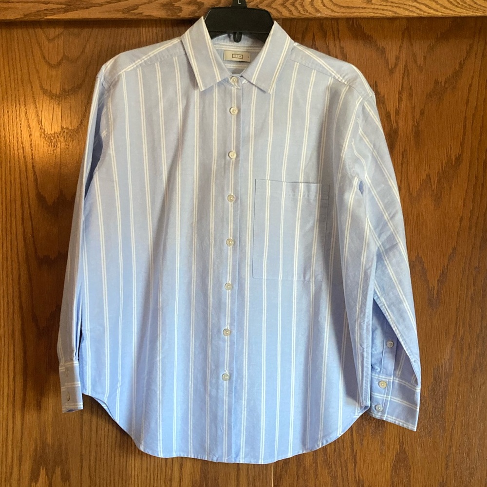 AYR Th Deep End Blue and White Stripe Button-Down Shirt, size Small
